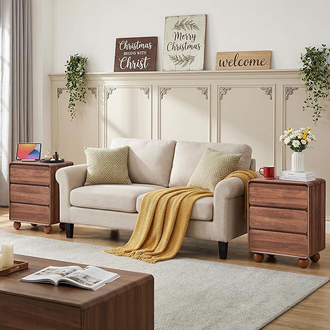 AVZEAR Set of 2 Modern 3 Drawer Dresser for Bedroom, Wooden Dresser Chest of Drawers, Handle Free & Curved Profile Design, Mid Century 3 Drawer Nightstand for Living Room, Walnut