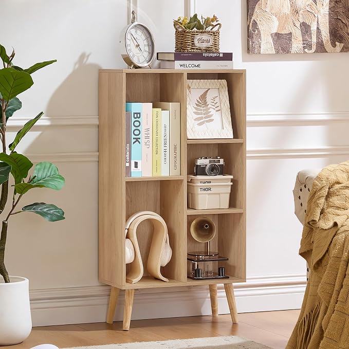 LEYAOYAO 5 Cube Bookshelf 3-Tier Bookcase with Legs,Mint Light Wood Kids Book Shelf Cute Storage Organizer,Free Standing Open Toy Shelves Wood Bookshelves,Display Bookcases for Bedroom,Living Room