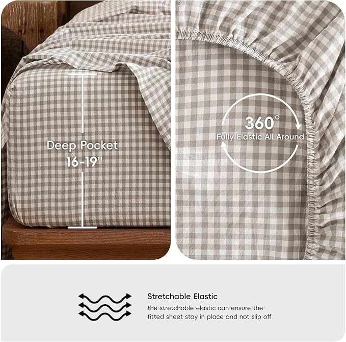 MooMee Gingham Sheet Set 100% Washed Cotton Linen Like Textured Breathable Soft w/Fully Elasticized 16-19" Deep Pocket (Mini Gingham Tannish Linen Grey, Queen)