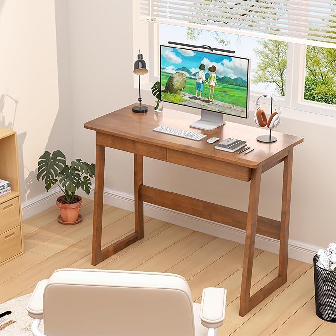 100% Solid Wood Desk with Drawers - 39 x 18 Inch Vintage Narrow Desks, Mid Century Modern Desk, Small Writing Desks for Small Spaces|Bedroom, Living Room & Office - Walnut Color