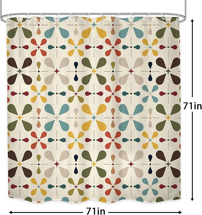 LGhtyro Boho Mid Century Shower Curtain Bathroom Set 71Wx71H Inches Modern Abstract Bohemian Vintage Colourful Geometric Retro Bath Accessories Water Drop Art Home Decor Fabric 12 Pack Hooks