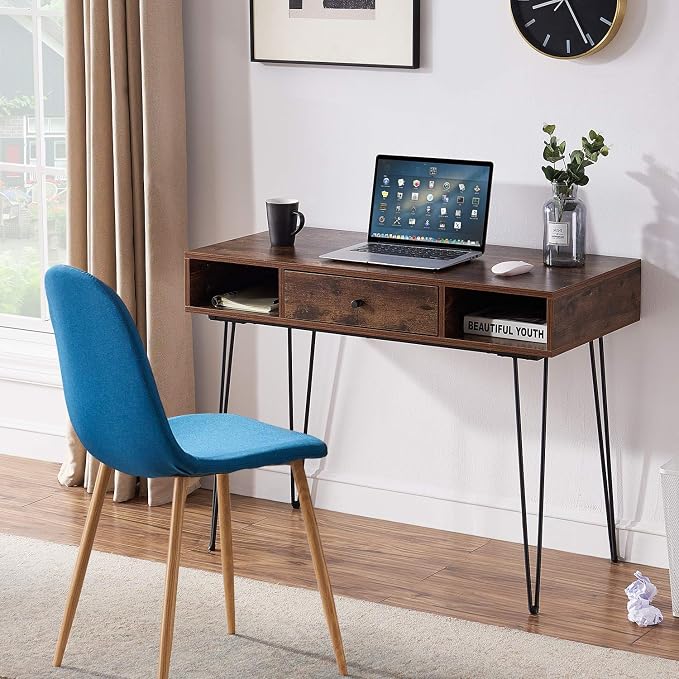 VECELO 39.3" Home Office Work Table with Drawers,Computer Desk with Hairpin Leg for Writing/Study,Retro Brown
