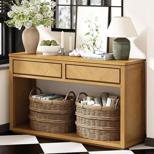 Wood Console Table, 55" Retro Narrow Long Sofa Table Behind Couch with Storage Drawers and Open Shelf for Hallway Entryway Living Room Entrance, Natural