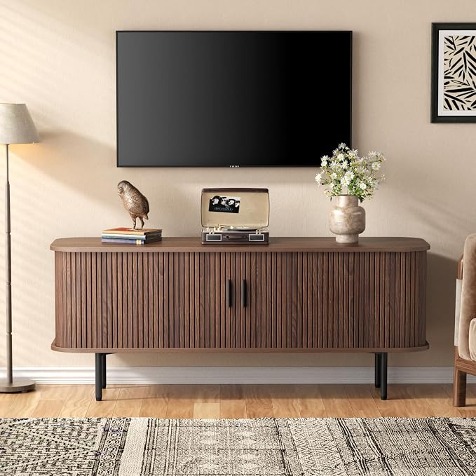 55''W Storage Cabinet, Fluted Sideboard Buffet Cabinet with Storage, Console Table Credenza with Tambour Slatted Sliding Doors and Shelves, Modern TV Stand for Living Room, Kitchen, Entryway, Walnut