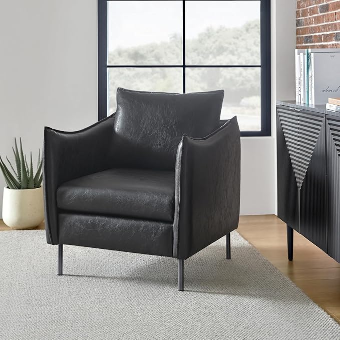 HULALA HOME Leather Armchair, Modern Faux Leather Accent Armchair Upholstered Living Room Chairs with Moveable Cushion for Living Room, Office, Reading, Customer Reception, Black