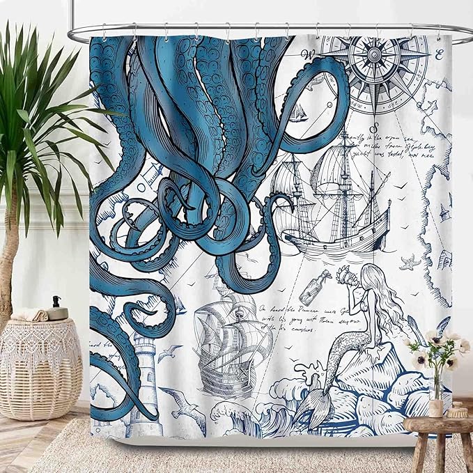 Nautical Octopus Shower Curtain,Funny Monster Ocean Kraken Sealife Pirate Ship Sailboat Retro Nautical Map Rural Bathroom Decor Fabric Waterproof Bathroom Curtain with Hooks,72x72Inch