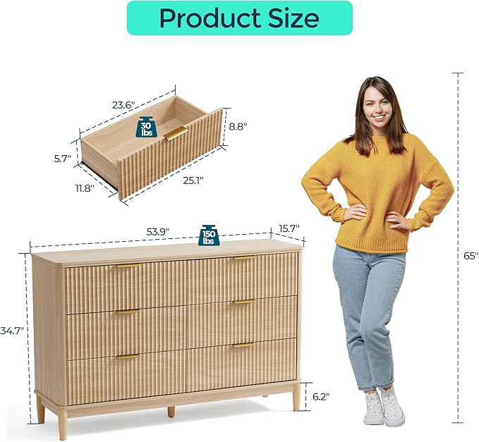 LINSY Fluted 6 Drawer Dresser for Bedroom, 54" Wide Mid-Century Modern Tall Chest of Drawers, Deep Storage Dresser with Curved Corner Design, Large Accent Wood Cabinet for Bedroom, Oak