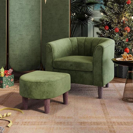 LINSY Accent Chair with Ottoman, Modern Armchair Comfy Barrel Reading Chair with Footrest for Living Room Bedroom Reading Room, Velvet, Olive Green