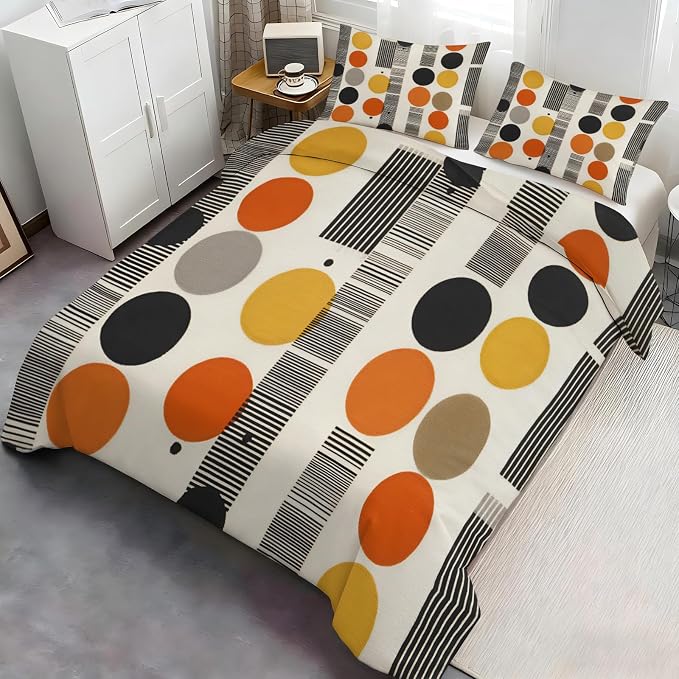 Vintage Multicolor Geometric Duvet Cover Queen Size for Boys Girls, Kids Mid Century Modern Bedding Set 3 Piece, Abstract Colorful Geometric Patterned Comforter Cover with Zipper, 2 Pillowcases