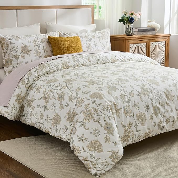 Cozeline 100% Cotton Duvet Cover King Size, Yellow Floral Bedding Set with Zipper Closure, 3 Pcs Breathable and Soft Chic Botanical Duvet Cover for All Season