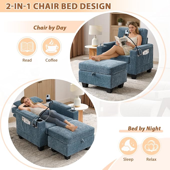 Oversized Chaise Lounge Chair Indoor, Single Convertible Recliner Reading Arm Sofa Chair W/Adjustable Backrest & Charging Port Couch Bed for Living Room, Home Theater & Bedroom, Blue