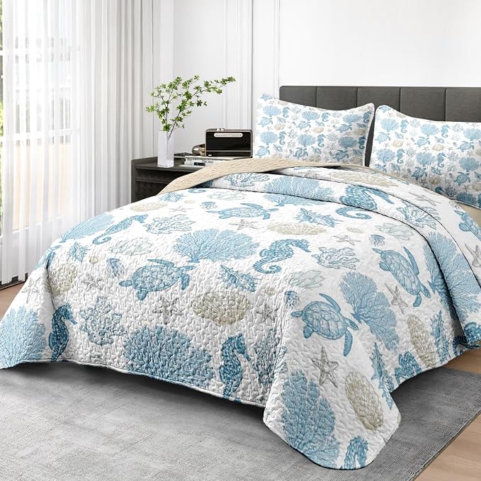 Pamnest Quilt Set Twin Size, Sea Shell Coral Seahorse 2 Pcs Soft Bed Cover Bedding Set for Kids and Adults, Starfish Nautical Lightweight Bedspread Coverlet with Pillow Sham for All Season