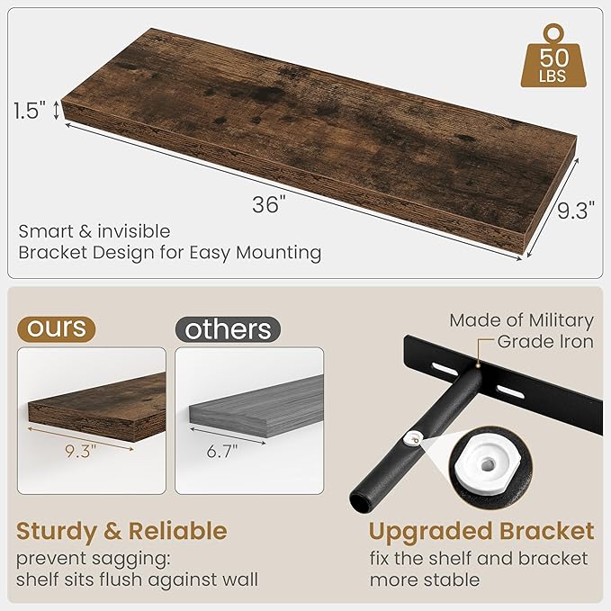 36"W x 9.3"D Floating Shelves for Wall, Wall Mounted Bathroom Shelves 2 Pack Deep Floating Shelf for Bedroom Kitchen Living Room, Rustic Wooden Wall Shelf with Invisible Bracket for Books Decor
