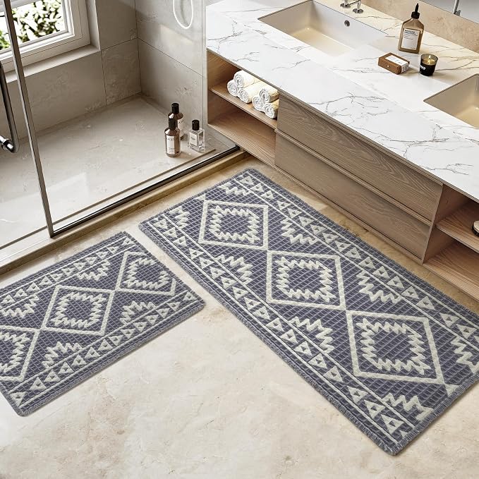 PADOOR Bath Mat-Super Absorbent Bath Mats for Bathroom, Machine Washable Non Slip Bathroom Rug with Tassels, Soft Bathroom Mat for Laundry Room, Bedroom, Grey & Cream 17"x28"