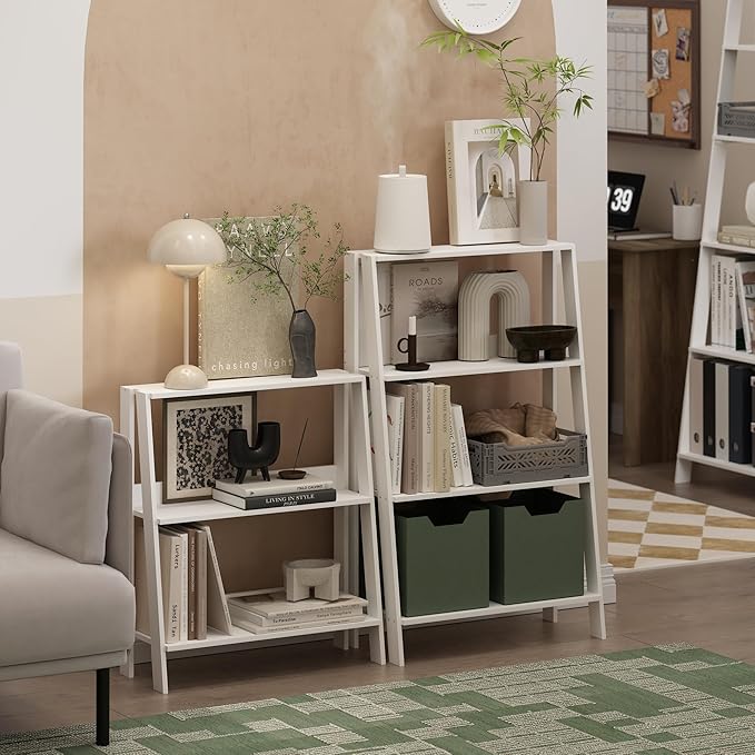 Furinno Ladder Book Shelf, 4-Tier Ladder Shelf with Open Shelving, Bookshelf, Display Storage Bookcase, for Organization, Living Room, Home Office, White