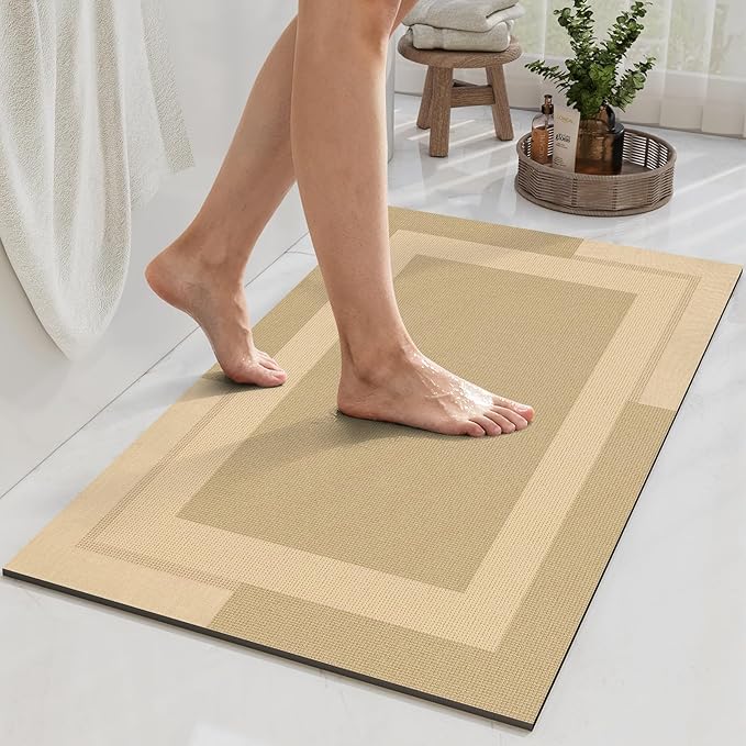 Non Slip Bath Mat, Rubber Backing Ultra Thin Bathroom Rugs Fit Under Door Quick Dry Super Absorbent Washable Bath Rug Shower Mat for Bathroom Floor Bathtub Shower Sink, Easy Care Brown 16"x 24"
