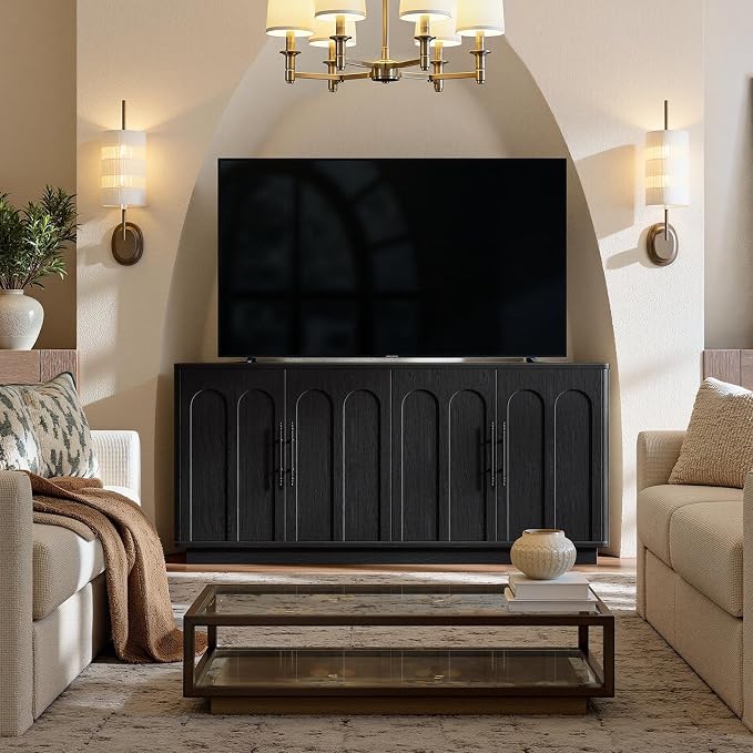 Evermagin 67" Arched Black Buffet Cabinet with Storage, Large Credenza with 4 Doors, Wood Mid Century Modern Sideboard for Kitchen and Living Room (67"*31.5"*15.7")