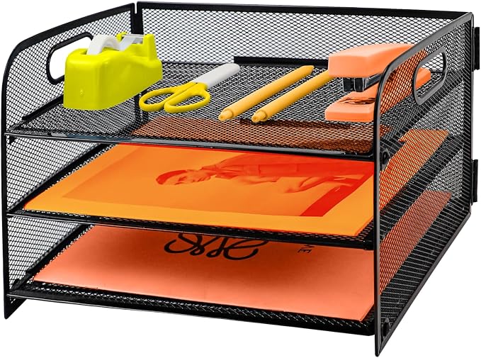 3 Tier Letter Tray Paper Organizer with Handle Desk Paper Organizer Tray, Desktop File Folder sorter Holder for Home Office School