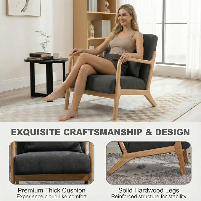 Set of 2 Mid Century Modern Accent Chair with Wood Frame and Linen Fabric Upholstery, Comfortable Lounge Armchair with Pillow, Wooden Accent Chair for Living Room, Bedroom, or Reading Corner