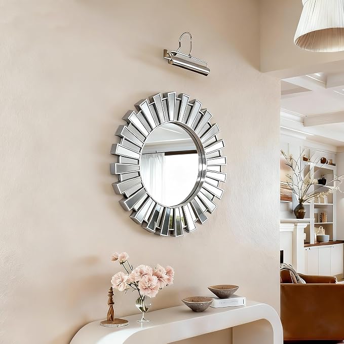 SHYFOY 23.6" Silver Sunburst Wall Mirror, Large Round Beveled Decorative Wall Mirror, Modern Art Deco Accent Mirror for Living Room, Bedroom, Entryway