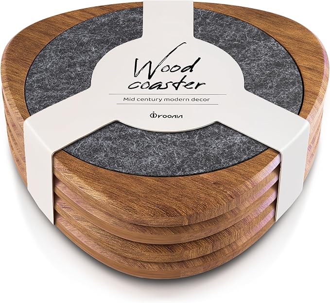 Roonin Mid Century Modern Decor Coasters Set of 4 - Absorbent Coaster - Felt Coaster MCM Decor - Midcentury Modern Wooden Coasters for Drink