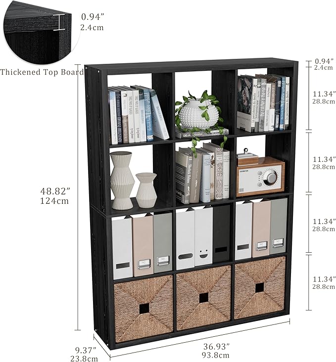 VDNEND Cube Storage Organizer Bookcase, Decorative 11 inch Open Back Cubical Shelf with Thickened Border, Display Bookshelf for Living Room, Home Office, Sturdy Room (Black, 12 Cube)