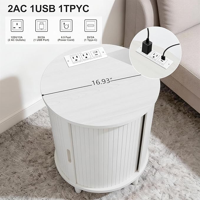 DHH Round End Table with Storage & Charging Station, Fluted Accent Side Table with Sliding Door & Adjustable Shelf, Mid-Century Nightstand for Small Spaces, Living Room, Bedroom (1, White)