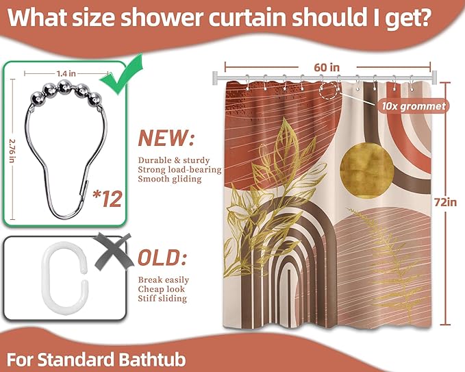 Boho Mid Century Modern Shower Curtain Bohemian MCM Shower Curtains for Bathroom Decor Sets, Waterproof Fabric with Hooks 60x72in