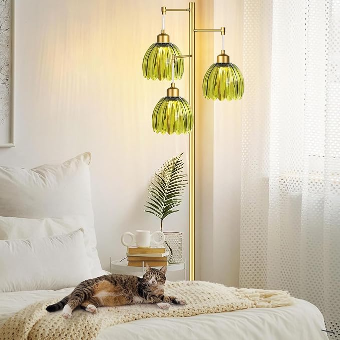 Glass Floor Lamp for Living Room,Bedroom,Gold Mid Century Modern Standing Lamp Brass Tree 3 Light Tall Floor Lamps Vintage Floor Lights Green Tulip Flower Lamp Shade Farmhouse Boho Bohemian