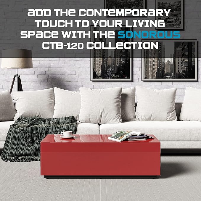 SONOROUS Premium Tempered Glass Coffee Table - Modern Red Rectangular Coffee Tables for Living Room - High Gloss Fingerprint Resistant Mid Century Design - Stylish Living Room Furniture & Décor