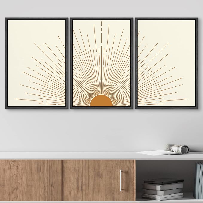 wall26 Framed Canvas Print Wall Art Set Boho Mid-Century Orange Minimal Shining Sun Galaxy Nature Abstract Illustrations Modern Bohemian Decorative for Living Room, Bedroom, Office - 16"x24"x3 Black