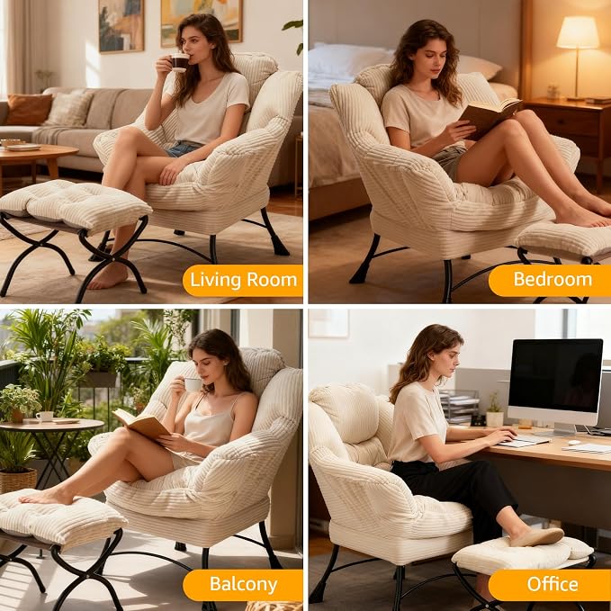 Oversized Lazy Chair with Ottoman for Adults, Chair and Ottoman Set Modern Skinny Lounge Chair with Footrest, Wide Reading Chair for Living Room, Comfy Accent Armchair for Small Spaces, White