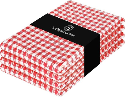 Red Kitchen Dish Towels Gingham Check, 4 Pack, 16x26 Inches, Absorbent & Durable, Washable, Hand Tea Towels with Hanging Loop - Ideal for Drying Dishes, Cooking, Cleaning, Red