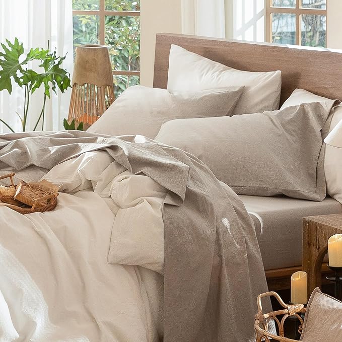 MooMee Bedding Sheet Set 100% Washed Cotton Linen Like Textured Breathable Durable Soft Comfy (Heathered Tannish Linen Grey, Twin XL)