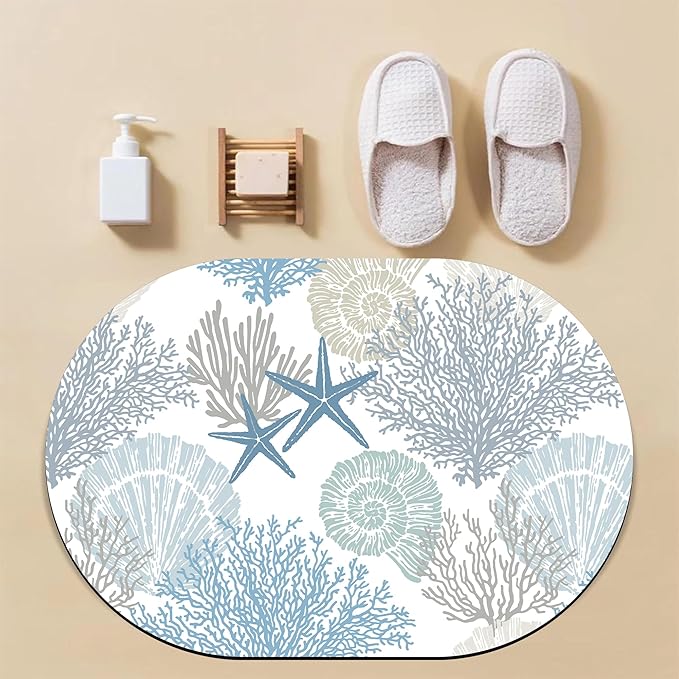 Bathroom Rug Mat Marine Sea Shells Stars Oval Bath Mat Doormat Absorbent Quick Dry Non Slip Diatom Mud Mat for Shower Tub Sink Laundry Kitchen Doorway 23.6x15.7 Inches