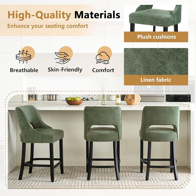 ClinQ Bar Stools Set of 4, 26" H Counter Height Bar Stools with Backs, Modern Upholstered Accent Barstools with Curved Footrest for Kitchen Island, Dining Room and Bar, Green-Black Legs