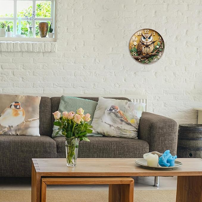 peacoblue Wall Clocks Battery Operated 12 Inch Owl Glass Round Wall Clock Non Ticking for Kitchen Living Room Dining Room Bedroom and Bathroom Decor Accessories (Battery not Included)
