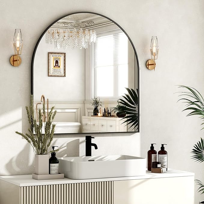 HARRITPURE 26"x28" Arched Bathroom Mirror, Wall Mounted Mirror, Black Arch Mirror, Aluminum Alloy Frame Wall Mirror for Living Room, Bedroom and Entryway