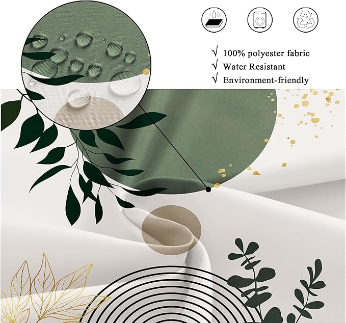 Riyidecor Extra Long Shower Curtain for Bathroom Decor 72Wx84H Sage Green Boho Mid Century Modern Abstract Gold Leaves Minimalist Geometric Art Printed Fabric Polyester Waterproof 12 Pack Plastic Hook