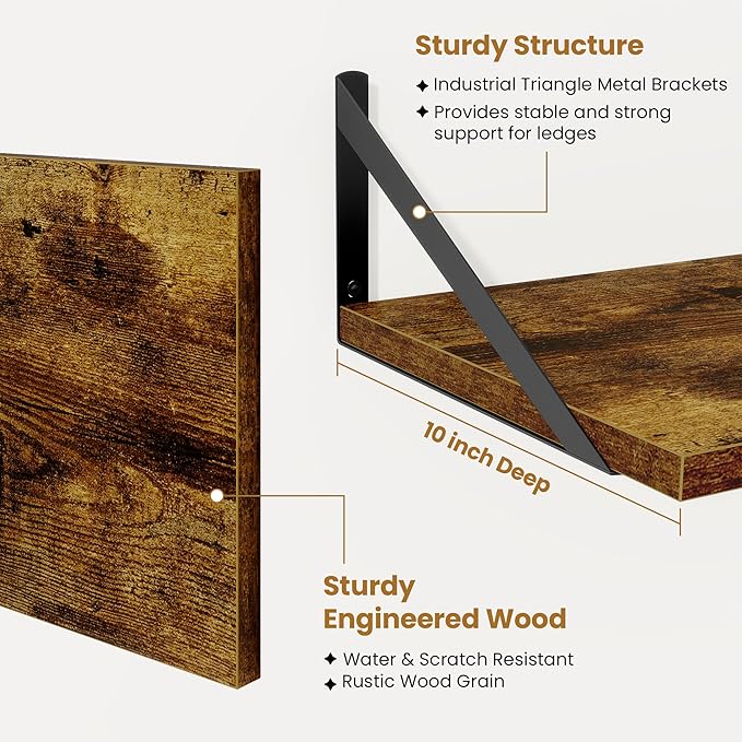 Deep Floating Shelves for Wall,36" Wx10 D Wood Wall Shelves with Metal Brackets,Hanging Storage Floating Shelf for Living Room,Bedroom,Bathroom,Office,Kitchen,Rustic Brown