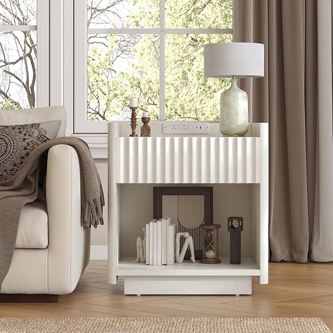 Bigbiglife Fluted Nightstand Set of 2 with Charging Station, 22" Modern Side Table with Drawer End Table with Open Storage, Bedside Table for Bedroom, Living Room, Natural Oak (2, Off White)