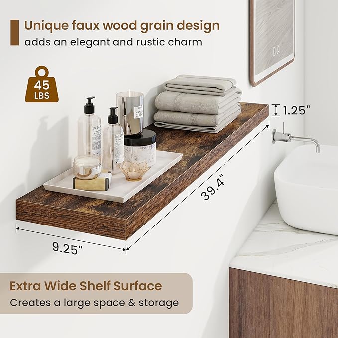 Marsmiles 40in Floating Shelves for Wall, 40" W x 9.25" D x 1.25" H, 2 Pack Long Wall Mounted Engineered Wood Shelves with Invisible Brackets for Living Room, Bedroom, Bathroom, Kitchen, Rustic Brown