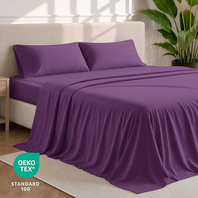 Bare Home California King Sheet Set - 1800 Ultra-Soft Microfiber Cal King Bed Sheets - Double Brushed - Deep Pockets - Easy Fit - 4 Piece Set - Bed Sheets (California King, Plum)