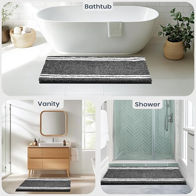 PURRUGS Bathroom Rug Non-Slip Machine Washable 24" x 36", Super Absorbent and Quick Dry Shaggy Microfiber Bath Mat, Extra Soft and Plush Bath Rug for Bathtub, Shower, and Sink, Charcoal