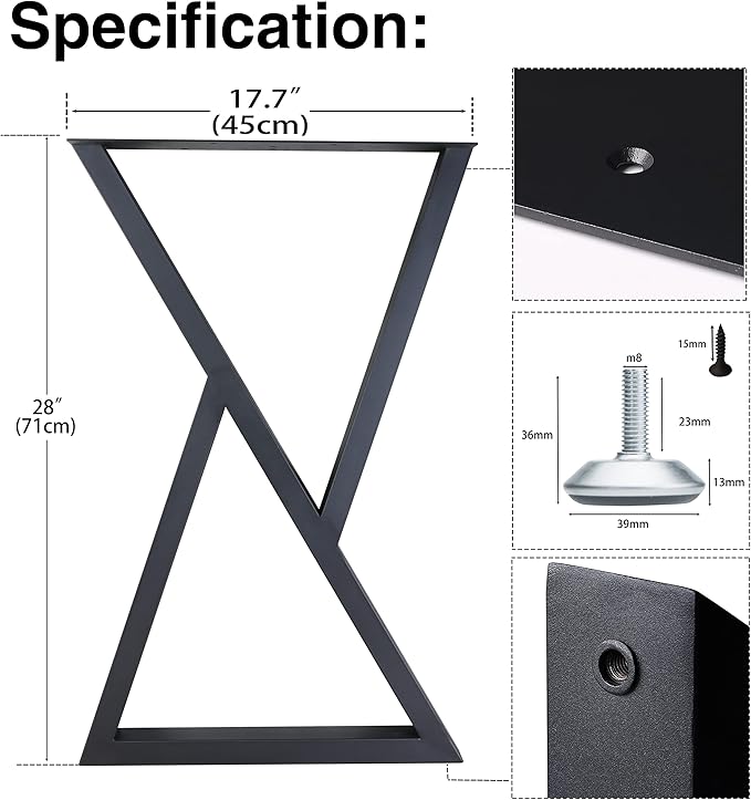 Metal Table Legs Desk Legs, Heavy Duty Square Tube Iron Desk Legs, DIY Furniture Legs for Dining Table, Coffee Table, Computer Desk, Workbench, 28”H x 17.7”W, Set of 2, Black (Z)