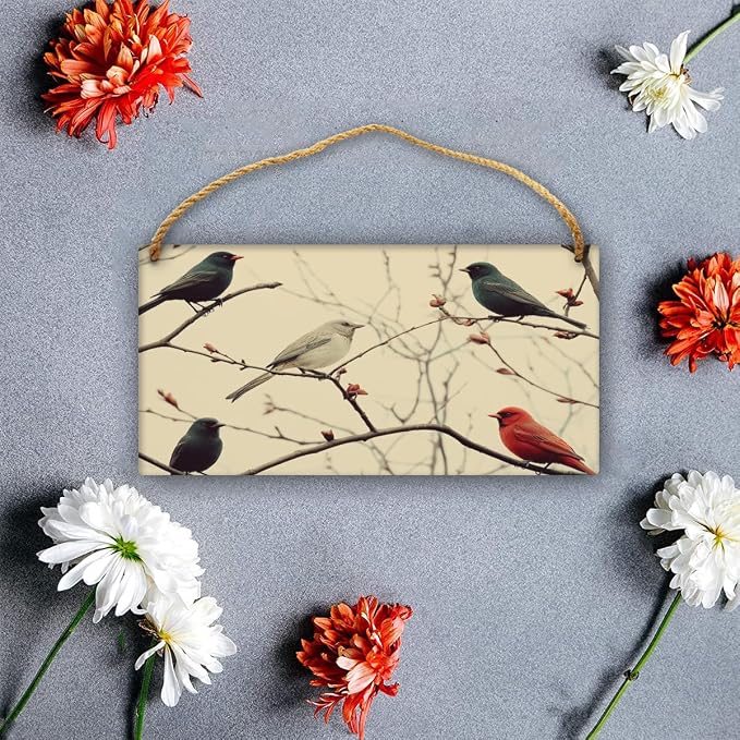 Vintage Bird & Yellow Blossom Wood Print, Whimsical Decors on Wood, 12x6 Inches, Ideal for Bird styles Lovers & Retro Interiors