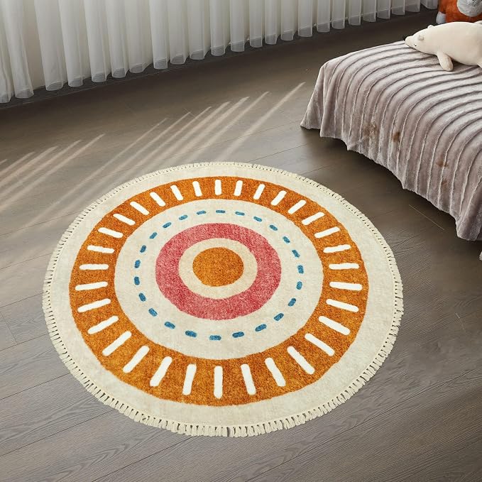 Lukinbox Boho Round Rug - 4Ft Sun Washable Rugs for Bedroom, Soft Non-Slip Circle Living Room Rugs, Colorful Rainbow Circular Throw Rug Area Carpets for Kids Room Playroom Nursery Dinning Room