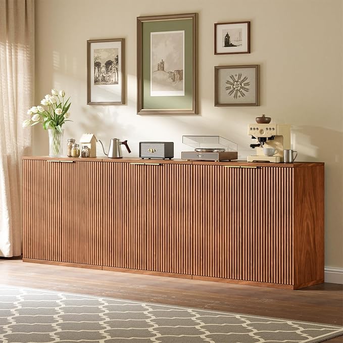 Evermagin 126" Walnut Buffet Cabinet with Storage, Large Sideboard Cabinet, Boho Fluted Accent Credenza for Dining Room, Kitchen, and Living Room