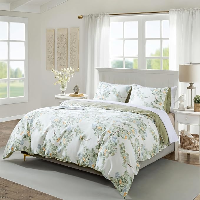 HoneiLife Duvet Dover King Size - 100% Cotton Comforter Cover Botanical Bedlinen Set with Zipper Closure & Corner Ties, 3-PC Forest Comforter Cover Sets