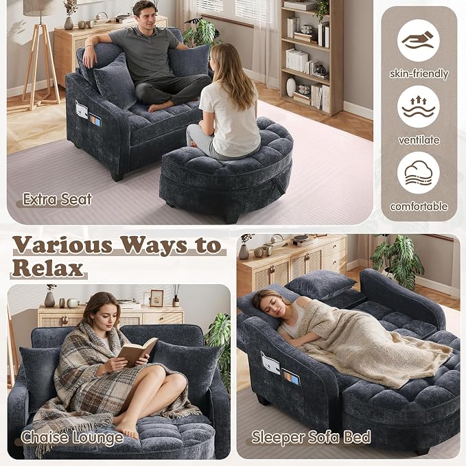 Oversized Chaise Lounge Chair Indoor with Ottoman, Chenille Tufted Comfy Loveseat Sofa Chair with Adjustable Backrest, Fluffy Recliner Sofa, Convertible Sleeper Couch Bed for Living Room(51"W, Black)